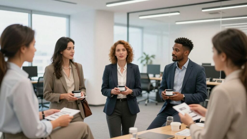 Personas en reunión de ventas directas.